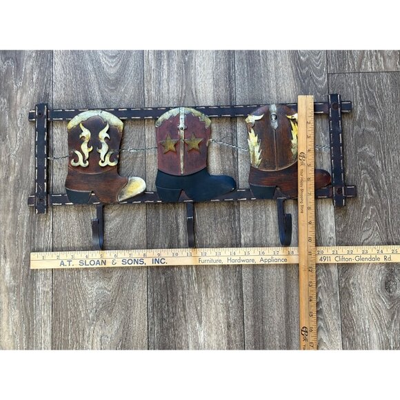 ANTIQUE COWBOY BOOT METAL WALL COAT-TOWEL RACK HOOKS 22InX10In - Picture 5 of 6